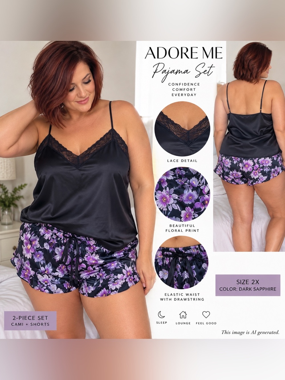 Adore Me Dark Sapphire Floral Satin Pajama Set Size 2X NWT